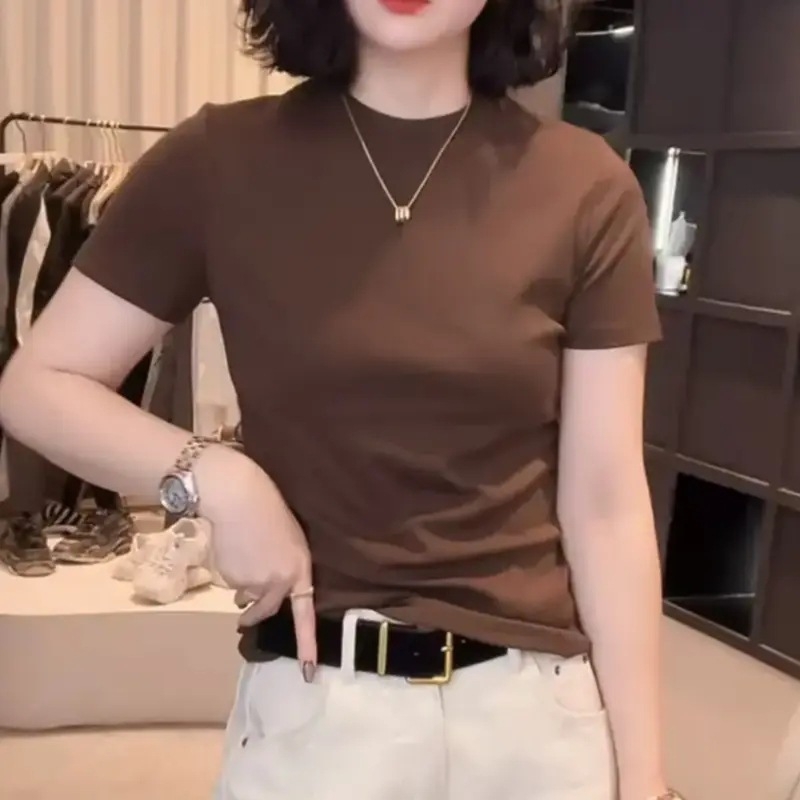 T-krekls no Chenille auduma ar Spandexu, īsi piedurknes, apaļš kakls, pavasaris 2025