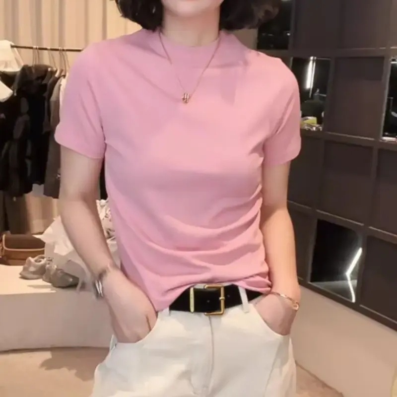 T-krekls no Chenille auduma ar Spandexu, īsi piedurknes, apaļš kakls, pavasaris 2025