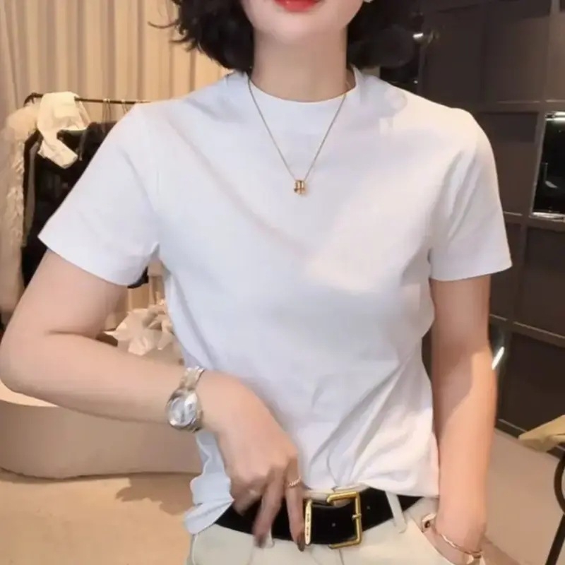 T-krekls no Chenille auduma ar Spandexu, īsi piedurknes, apaļš kakls, pavasaris 2025