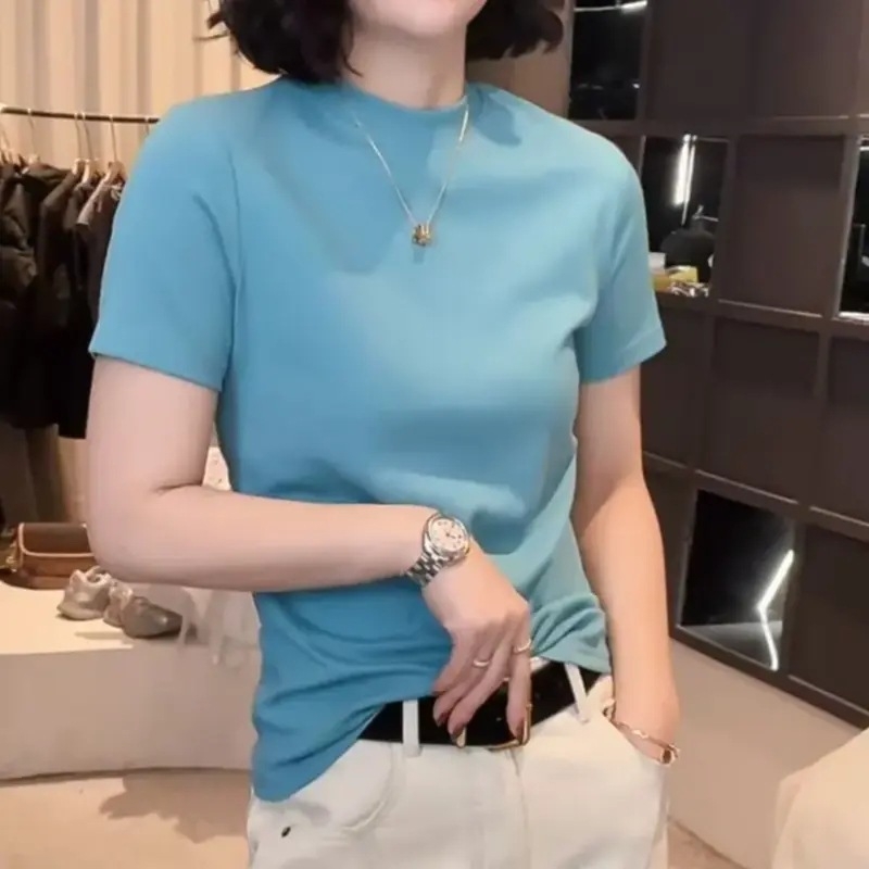 T-krekls no Chenille auduma ar Spandexu, īsi piedurknes, apaļš kakls, pavasaris 2025