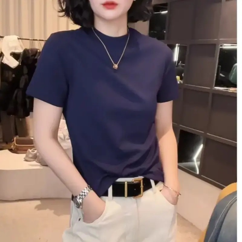 T-krekls no Chenille auduma ar Spandexu, īsi piedurknes, apaļš kakls, pavasaris 2025