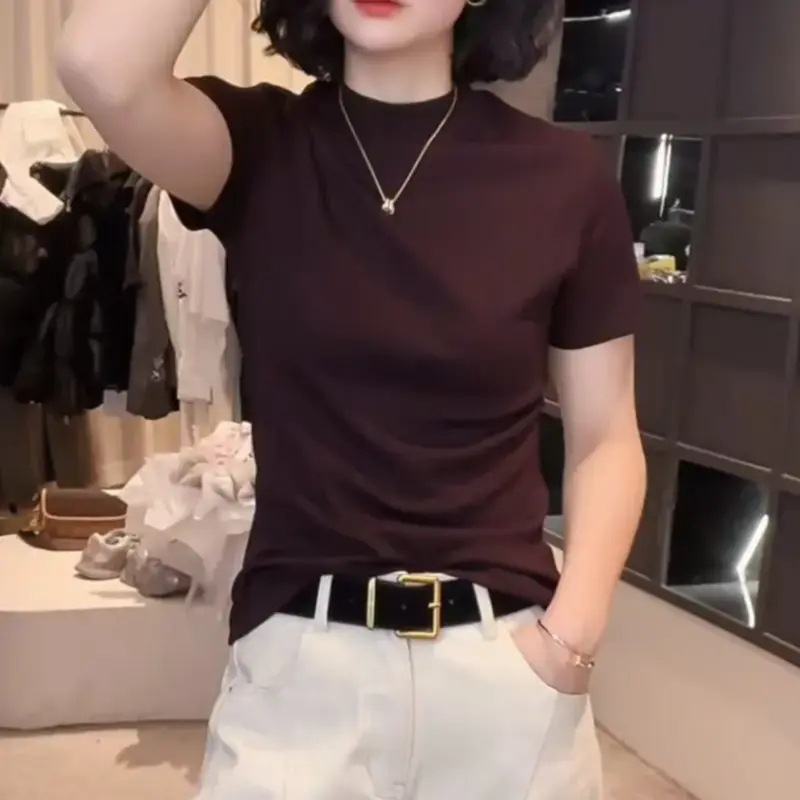 T-krekls no Chenille auduma ar Spandexu, īsi piedurknes, apaļš kakls, pavasaris 2025