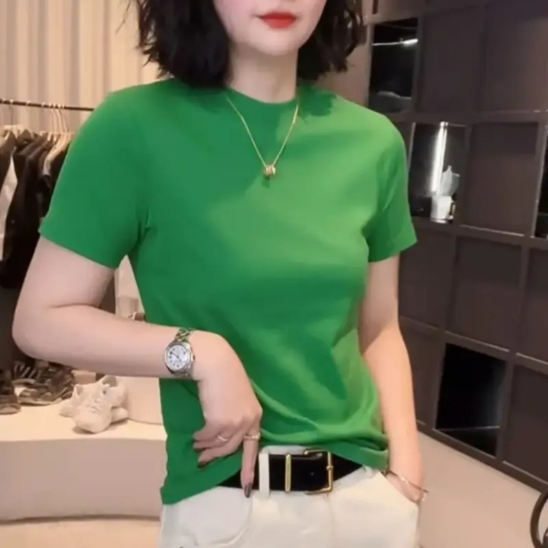 T-krekls no Chenille auduma ar Spandexu, īsi piedurknes, apaļš kakls, pavasaris 2025