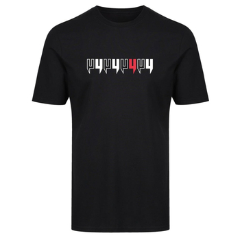 Poliestera T-krekls ar priekšā un aizmugurē drukātiem burtiem, apaļš kakla izgriezums, īsas piedurknes, karstspiedes druka