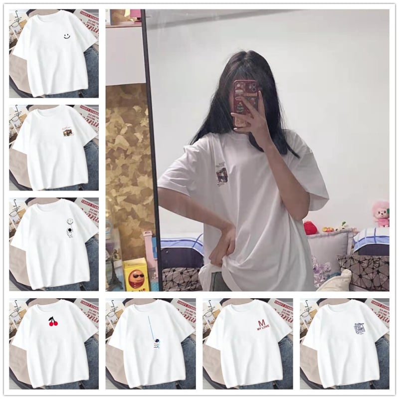 Sieviešu kokvilnas T-krekls brīvās piegriezes, īsām piedurknēm, apaļš kakla izgriezums, apdrukas raksts