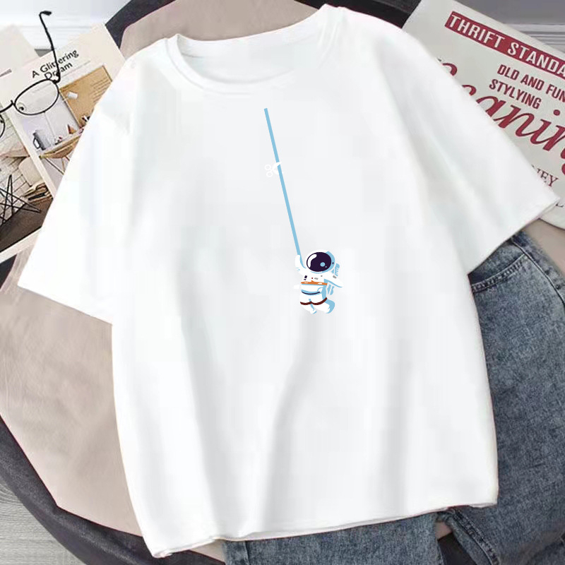 Sieviešu kokvilnas T-krekls brīvās piegriezes, īsām piedurknēm, apaļš kakla izgriezums, apdrukas raksts