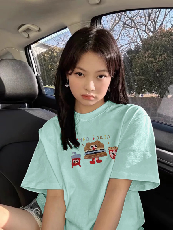 Sieviešu īsās piedurknes T-krekli - brīvs piegriezums, poliesters, anime raksts, apaļš izgriezums, vasara 2025