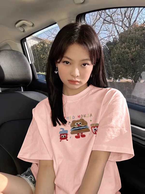 Sieviešu īsās piedurknes T-krekli - brīvs piegriezums, poliesters, anime raksts, apaļš izgriezums, vasara 2025