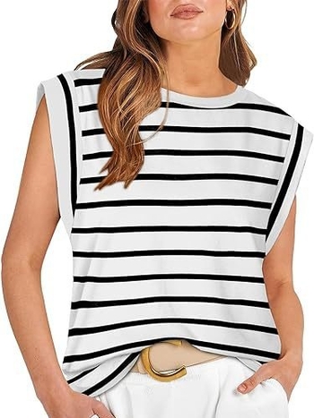 Sievietes bez piedurknēm T-krekls ar svītru/kvadrātu rakstu, brīvs piegriezums, apaļa kakla atvērums, digitālā druka