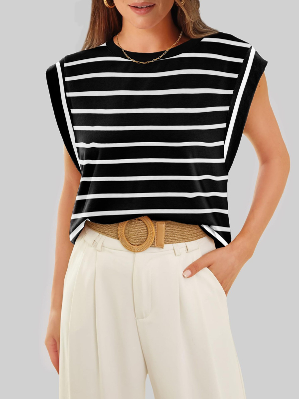 Sievietes bez piedurknēm T-krekls ar svītru/kvadrātu rakstu, brīvs piegriezums, apaļa kakla atvērums, digitālā druka