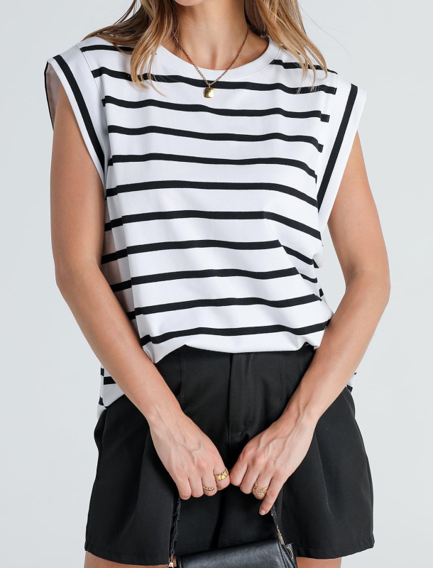 Sievietes bez piedurknēm T-krekls ar svītru/kvadrātu rakstu, brīvs piegriezums, apaļa kakla atvērums, digitālā druka