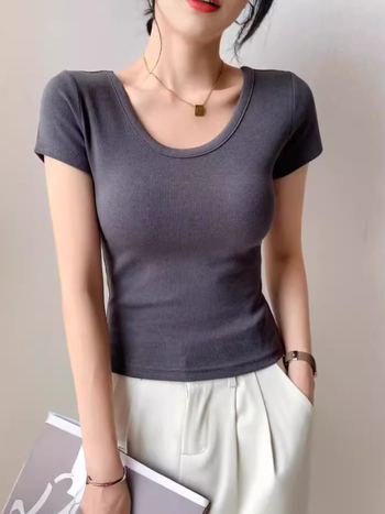 Slim-fit viskozes T-krekls ar U kaklu, īsām piedurknēm, vasara 2024