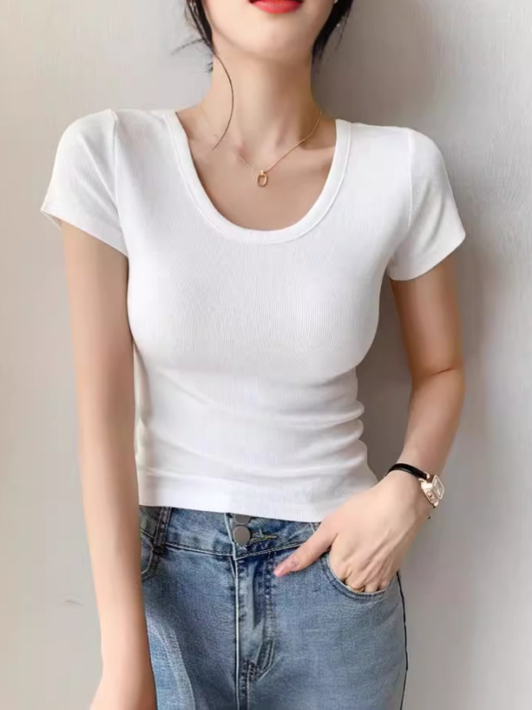 Slim-fit viskozes T-krekls ar U kaklu, īsām piedurknēm, vasara 2024