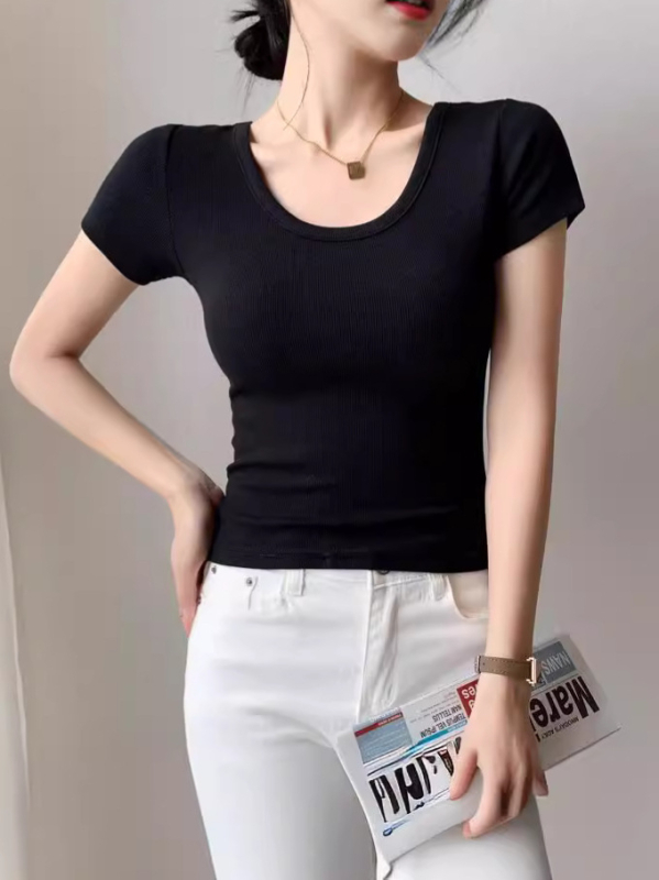 Slim-fit viskozes T-krekls ar U kaklu, īsām piedurknēm, vasara 2024