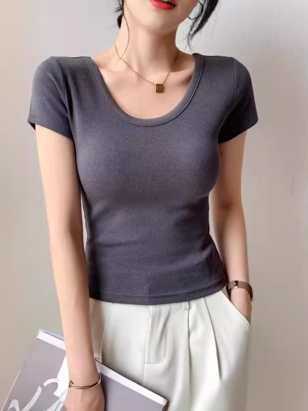 Slim-fit viskozes T-krekls ar U kaklu, īsām piedurknēm, vasara 2024