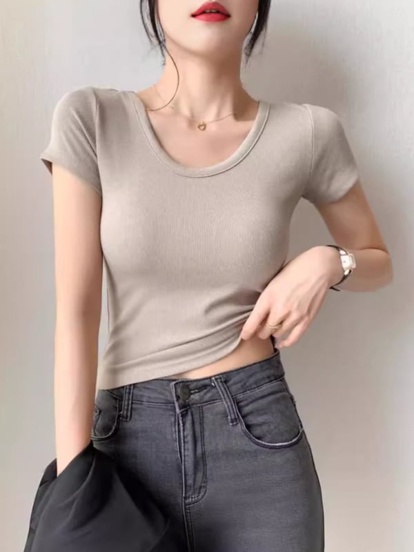 Slim-fit viskozes T-krekls ar U kaklu, īsām piedurknēm, vasara 2024