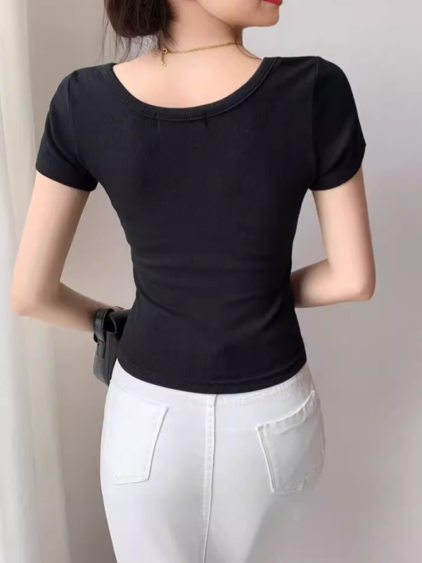 Slim-fit viskozes T-krekls ar U kaklu, īsām piedurknēm, vasara 2024