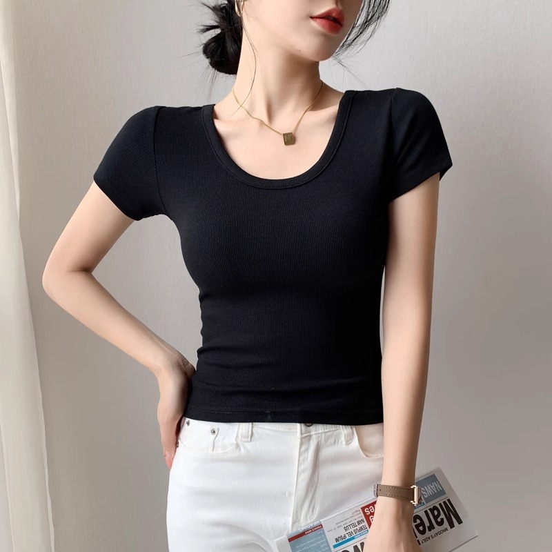 Slim-fit viskozes T-krekls ar U kaklu, īsām piedurknēm, vasara 2024