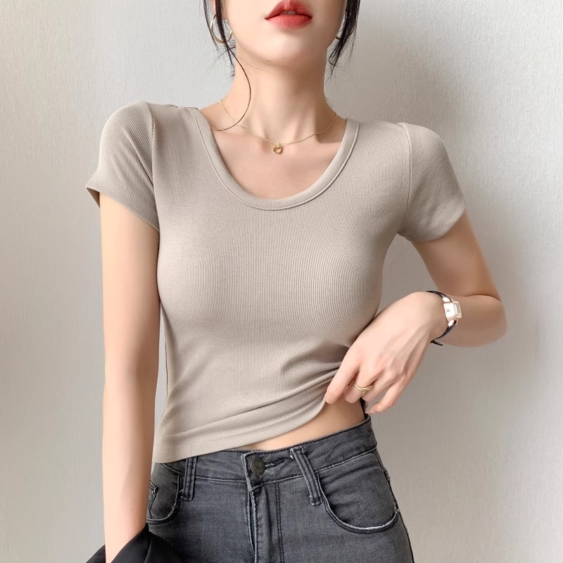 Slim-fit viskozes T-krekls ar U kaklu, īsām piedurknēm, vasara 2024