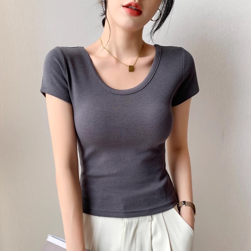 Slim-fit viskozes T-krekls ar U kaklu, īsām piedurknēm, vasara 2024