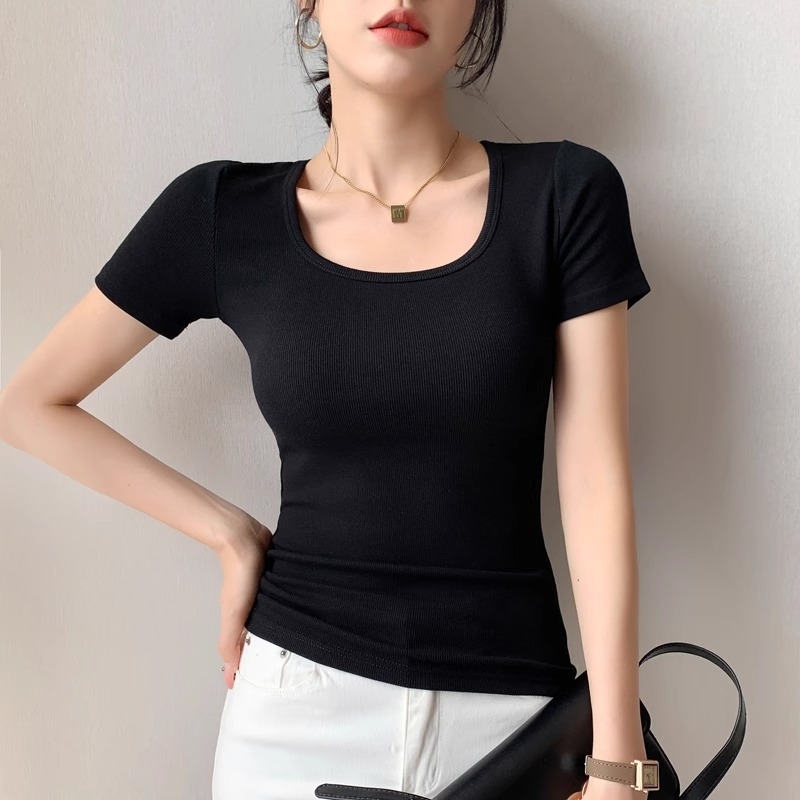 Slim-fit viskozes T-krekls ar U kaklu, īsām piedurknēm, vasara 2024