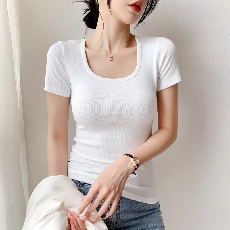 Slim-fit viskozes T-krekls ar U kaklu, īsām piedurknēm, vasara 2024