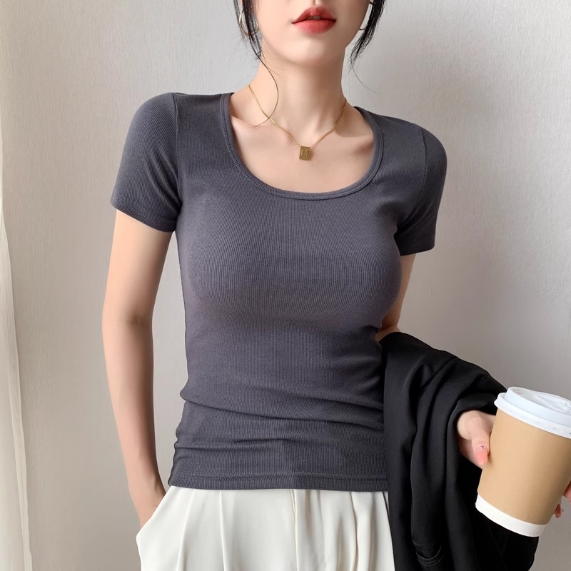 Slim-fit viskozes T-krekls ar U kaklu, īsām piedurknēm, vasara 2024