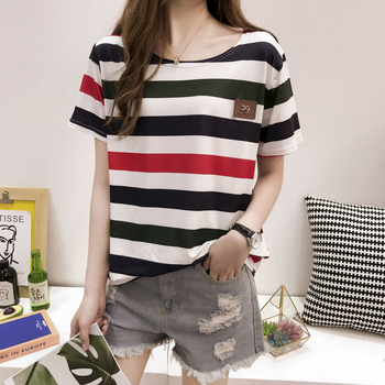 Svītrainas sieviešu īsām piedurknēm T-krekls, apaļš kakls, parastā garums, drukāšana/krāsošana.