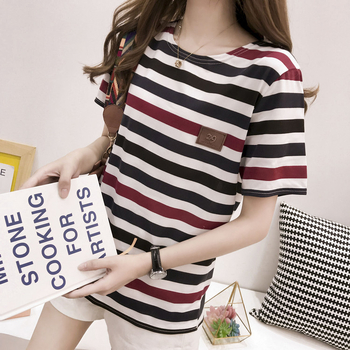 Svītrainas sieviešu īsām piedurknēm T-krekls, apaļš kakls, parastā garums, drukāšana/krāsošana.