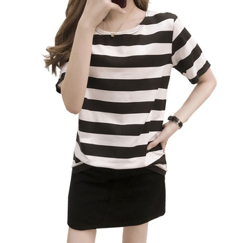 Svītrainas sieviešu īsām piedurknēm T-krekls, apaļš kakls, parastā garums, drukāšana/krāsošana.