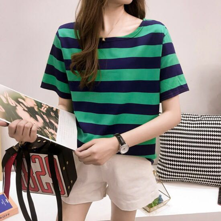 Svītrainas sieviešu īsām piedurknēm T-krekls, apaļš kakls, parastā garums, drukāšana/krāsošana.