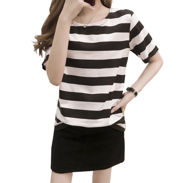 Svītrainas sieviešu īsām piedurknēm T-krekls, apaļš kakls, parastā garums, drukāšana/krāsošana.