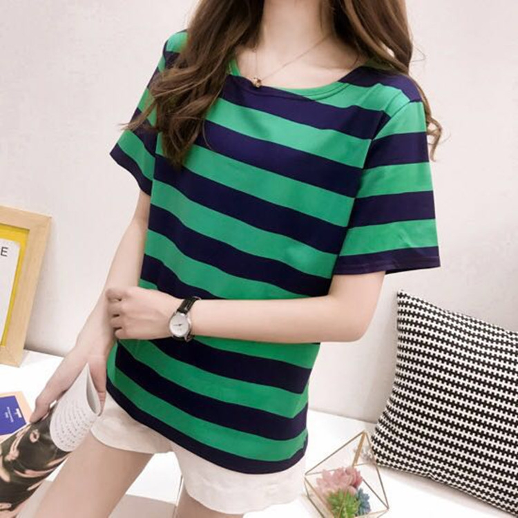 Svītrainas sieviešu īsām piedurknēm T-krekls, apaļš kakls, parastā garums, drukāšana/krāsošana.