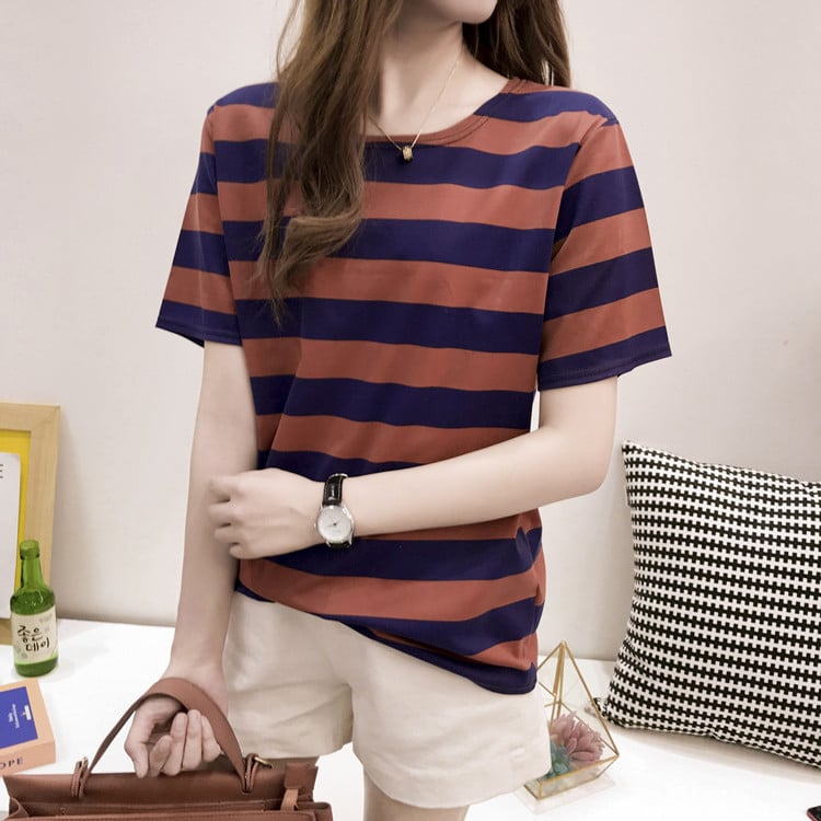 Svītrainas sieviešu īsām piedurknēm T-krekls, apaļš kakls, parastā garums, drukāšana/krāsošana.