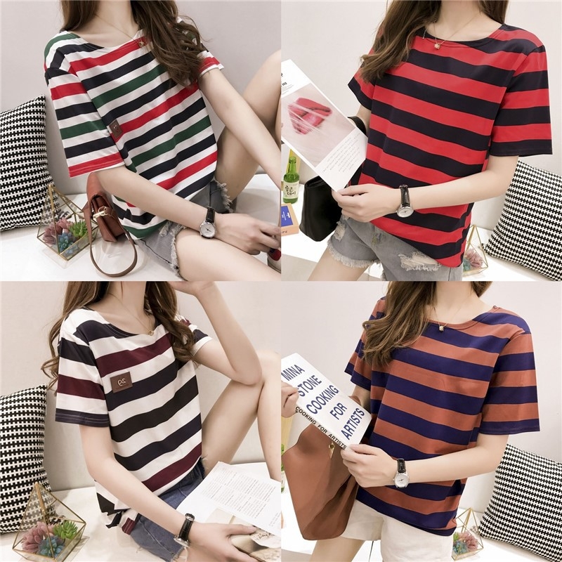 Svītrainas sieviešu īsām piedurknēm T-krekls, apaļš kakls, parastā garums, drukāšana/krāsošana.