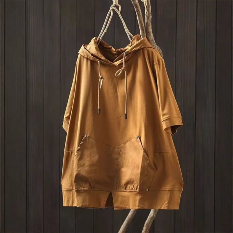 Sieviešu kokvilnas T-krekls ar kabatu un kapuci, īsām piedurknēm, brīvā piegriezuma, apaļais kakla izgriezums