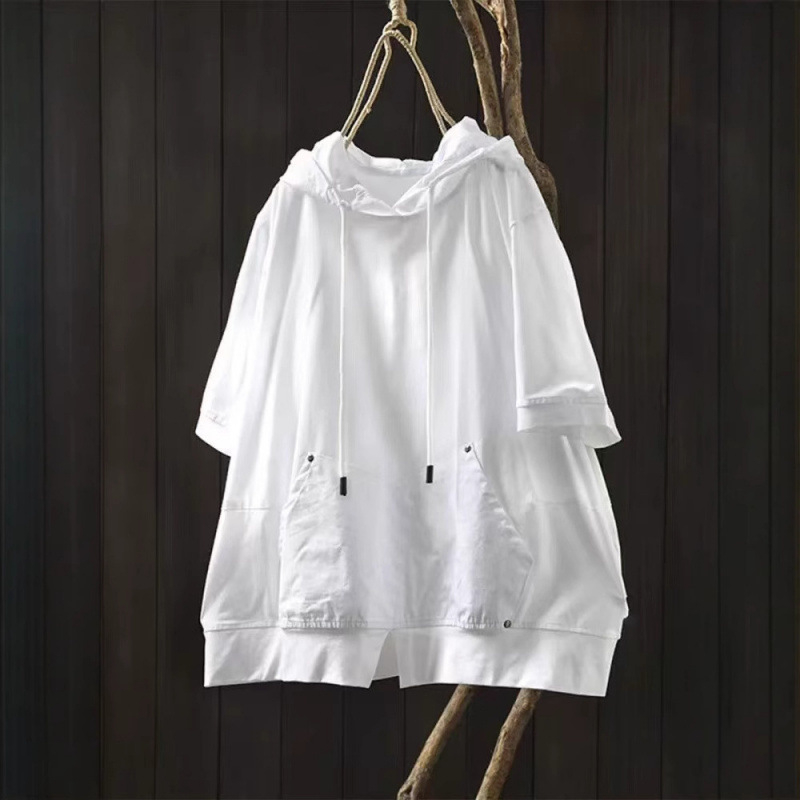 Sieviešu kokvilnas T-krekls ar kabatu un kapuci, īsām piedurknēm, brīvā piegriezuma, apaļais kakla izgriezums