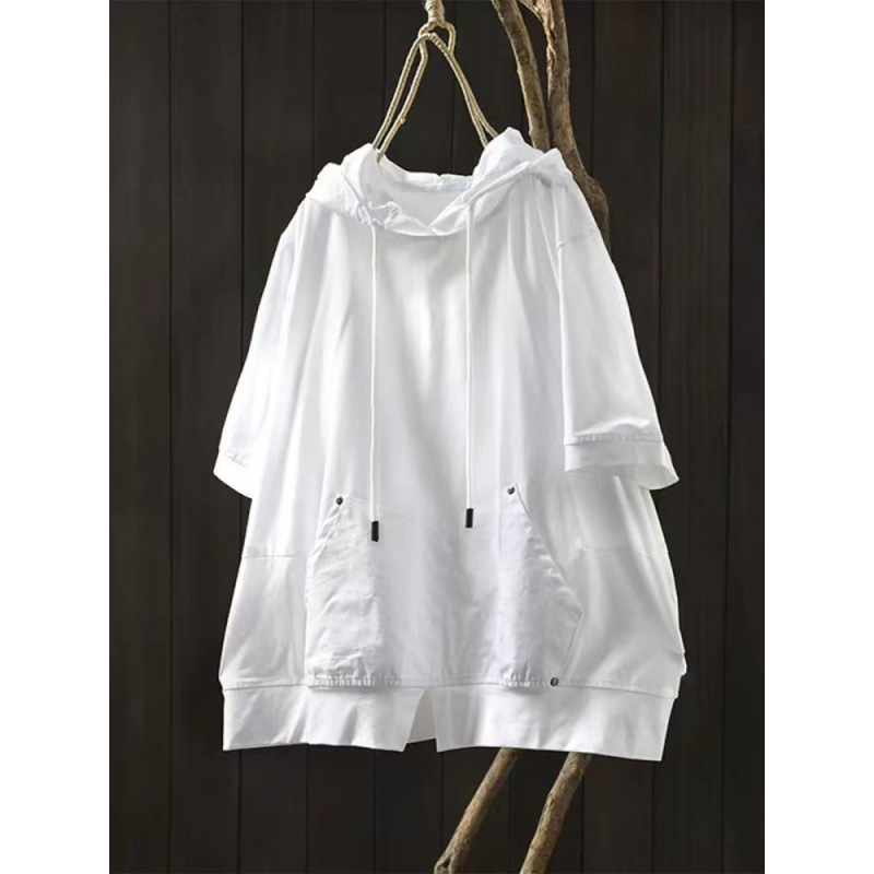 Sieviešu kokvilnas T-krekls ar kabatu un kapuci, īsām piedurknēm, brīvā piegriezuma, apaļais kakla izgriezums