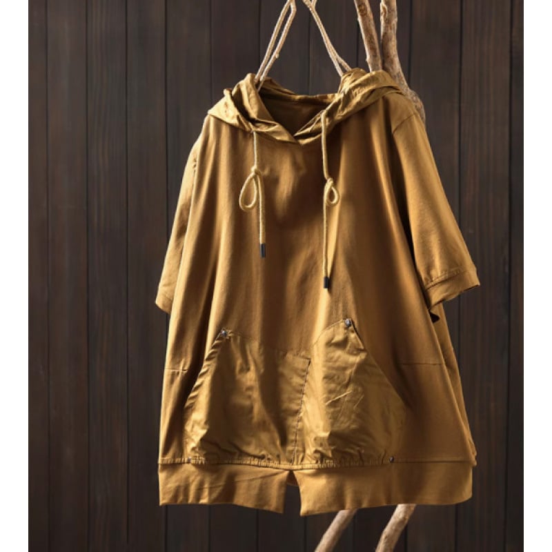 Sieviešu kokvilnas T-krekls ar kabatu un kapuci, īsām piedurknēm, brīvā piegriezuma, apaļais kakla izgriezums