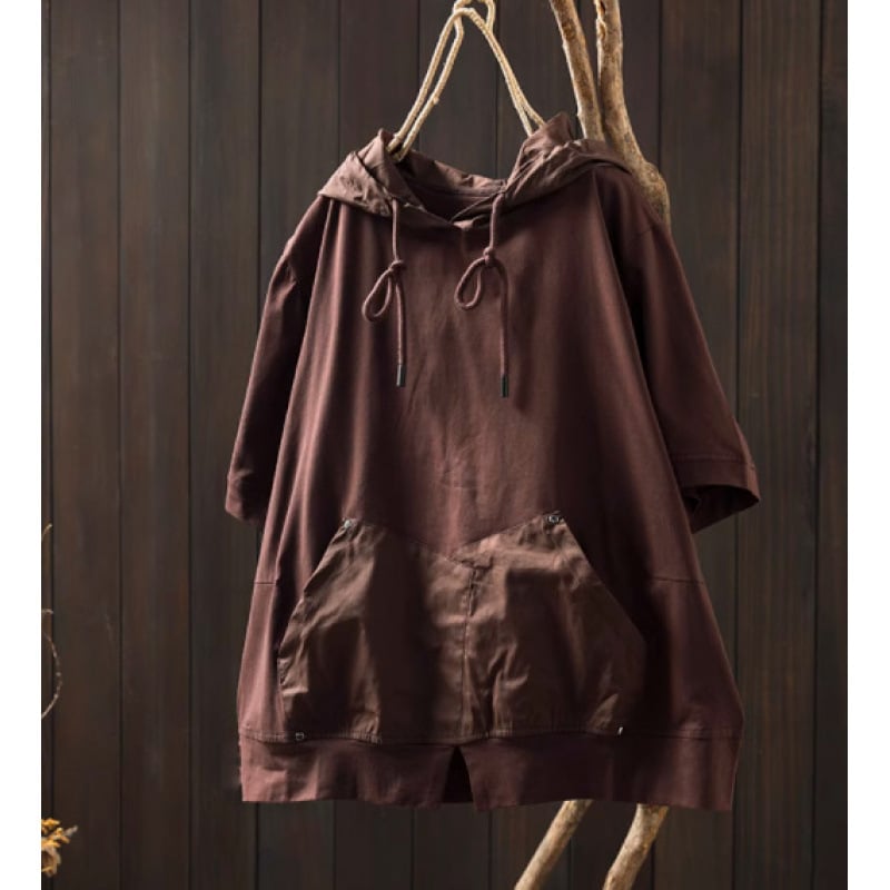 Sieviešu kokvilnas T-krekls ar kabatu un kapuci, īsām piedurknēm, brīvā piegriezuma, apaļais kakla izgriezums