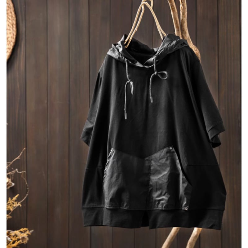 Sieviešu kokvilnas T-krekls ar kabatu un kapuci, īsām piedurknēm, brīvā piegriezuma, apaļais kakla izgriezums