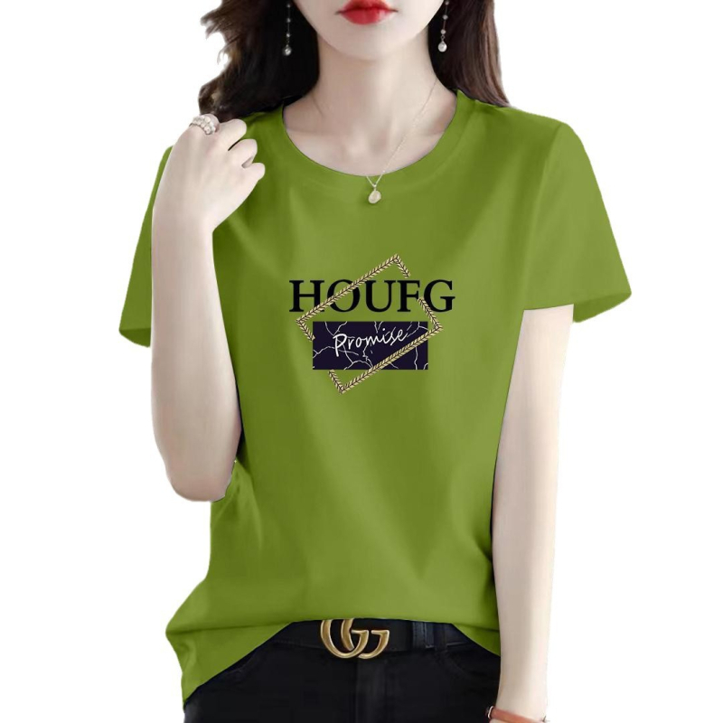 Sieviešu T-krekls ar īsām piedurknēm, tekstprint, poliestera-elastāna maisījums, apļa kakla izgriezums, brīvā stila japāņu-korejiešu atpūtas stils, vasaras 2024 izlase