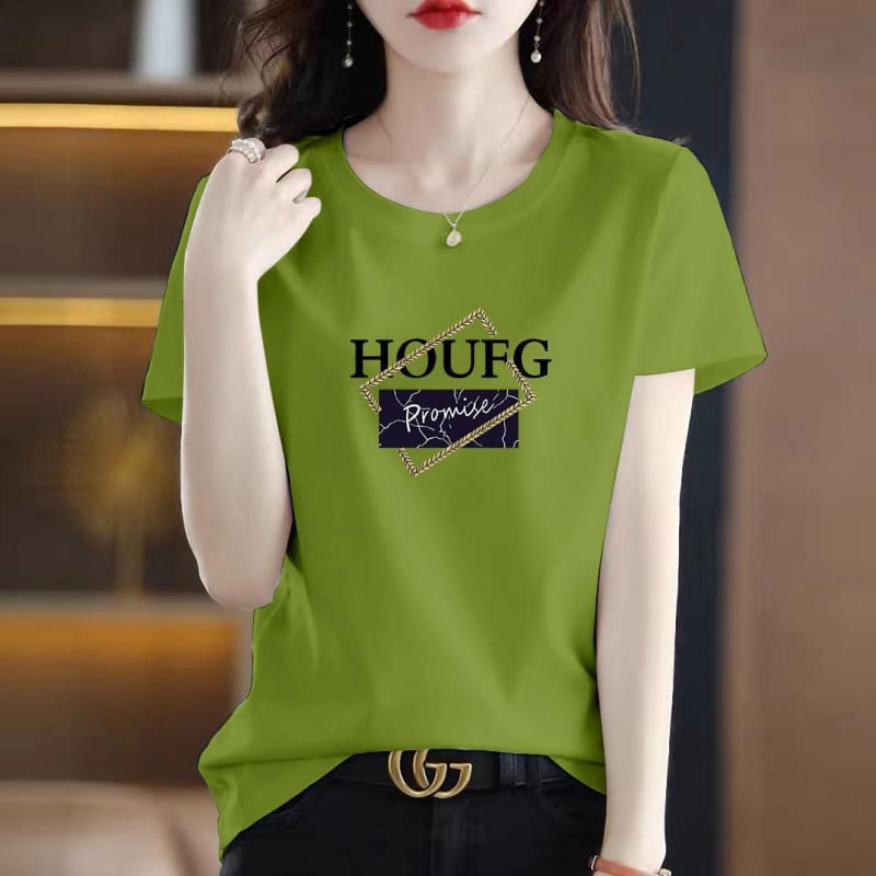 Sieviešu T-krekls ar īsām piedurknēm, tekstprint, poliestera-elastāna maisījums, apļa kakla izgriezums, brīvā stila japāņu-korejiešu atpūtas stils, vasaras 2024 izlase