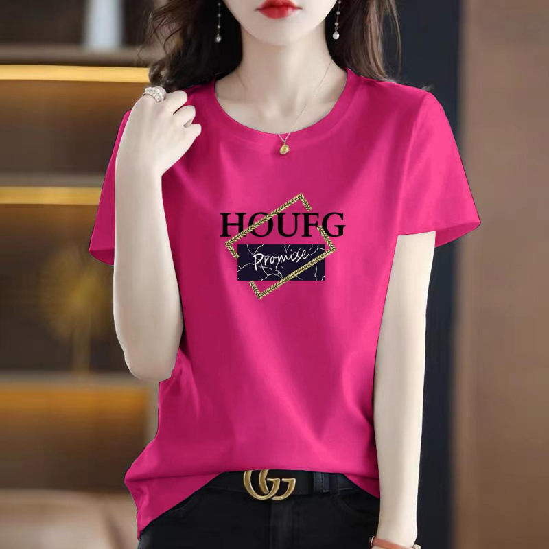 Sieviešu T-krekls ar īsām piedurknēm, tekstprint, poliestera-elastāna maisījums, apļa kakla izgriezums, brīvā stila japāņu-korejiešu atpūtas stils, vasaras 2024 izlase