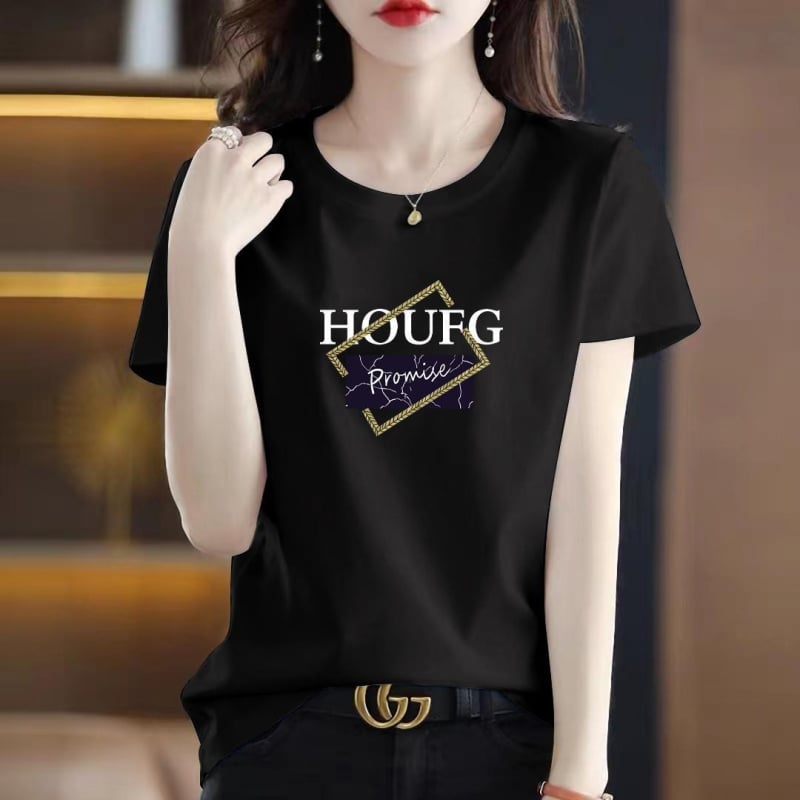 Sieviešu T-krekls ar īsām piedurknēm, tekstprint, poliestera-elastāna maisījums, apļa kakla izgriezums, brīvā stila japāņu-korejiešu atpūtas stils, vasaras 2024 izlase