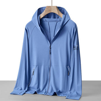 Kapucēta vasaras UV aizsardzības vējjaka, plāna poliestera maisījuma audums, elpojoša, ātri žūst, piemērots āra ceļojumiem