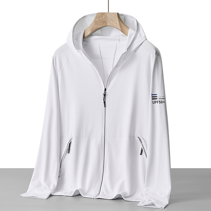 Kapucēta vasaras UV aizsardzības vējjaka, plāna poliestera maisījuma audums, elpojoša, ātri žūst, piemērots āra ceļojumiem