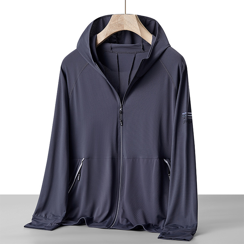 Kapucēta vasaras UV aizsardzības vējjaka, plāna poliestera maisījuma audums, elpojoša, ātri žūst, piemērots āra ceļojumiem