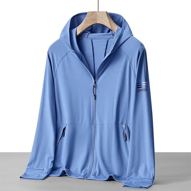 Kapucēta vasaras UV aizsardzības vējjaka, plāna poliestera maisījuma audums, elpojoša, ātri žūst, piemērots āra ceļojumiem