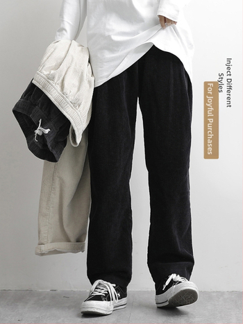 Japán stílusú kordurás férfi nadrág, laza szabású, középmagasságú derék, övvel és kötőzárral záródó